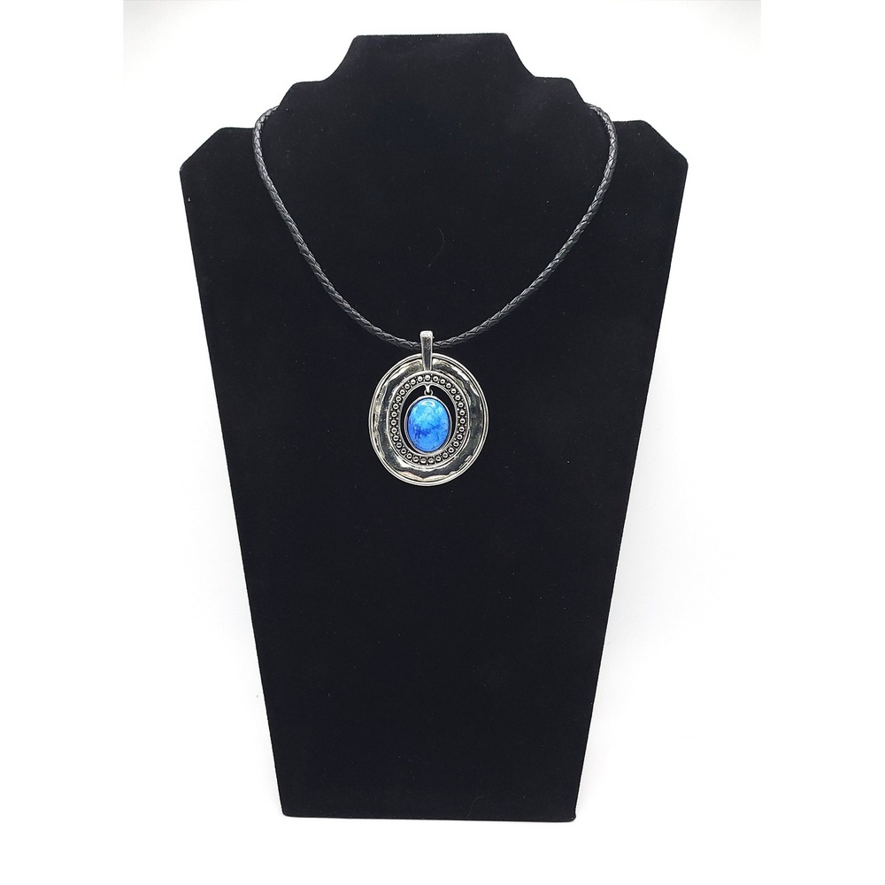 Artisan Silver Pendant Necklace Blue Howlite Cabochon Boho Black Cord 16-19"